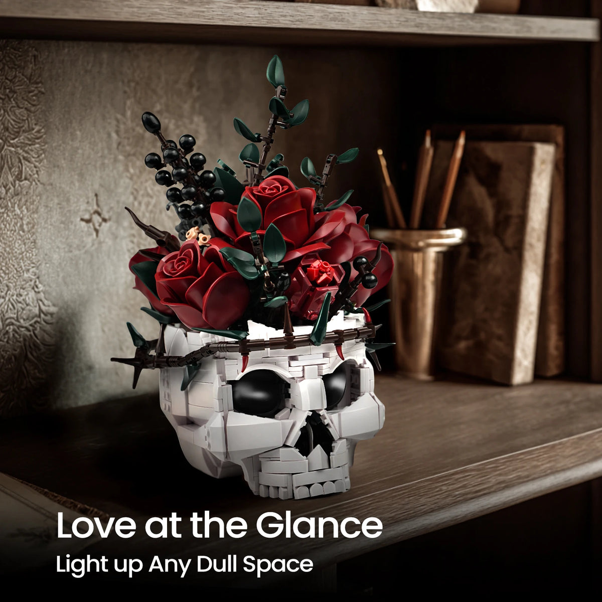 SupreOwls Skull Flowers Building Blocks Set Gothic Roses Bouquet Toy Skeleton Planter Pot Floral Decor Collection Gift for Adult