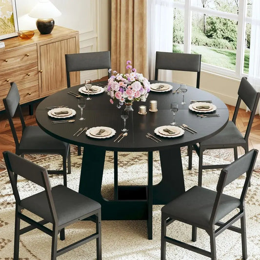 6-7 Piece Dining Set, 47 Round Table with Chairs, Space-Saving Wood Base for Kitchen & Living Room, Black