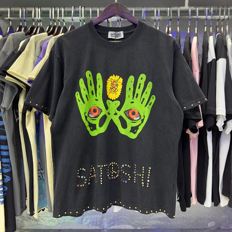 Free shipping New Satoshi Nakamoto fashion T-shirt hotfix rhinestone and Printed with Washed Oversized 100% cotton Men Women T-shirts Y2K Fashion streetwear