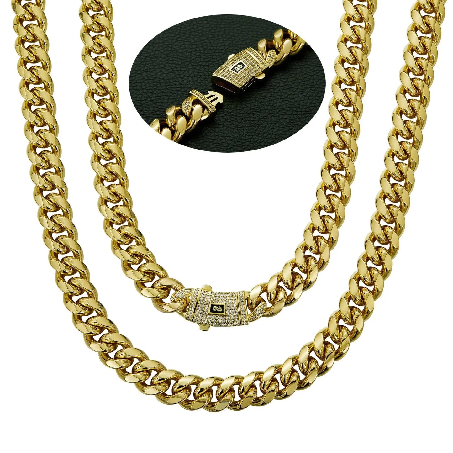 Stainless Steel Cuban Link Necklace With CZ Zircon Box Lock