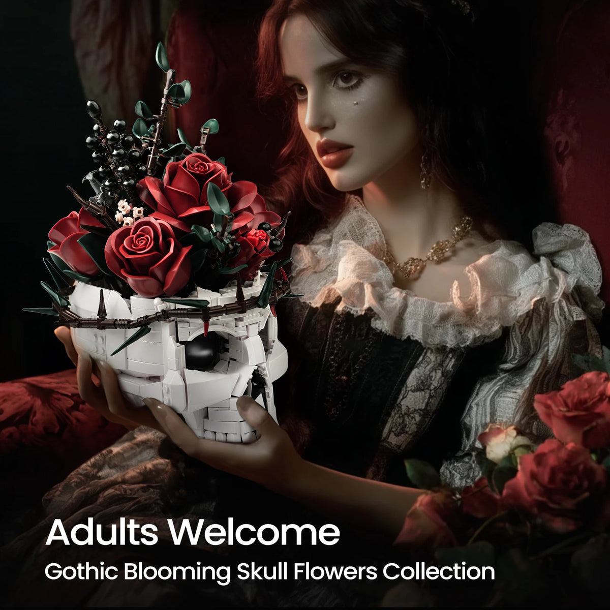SupreOwls Skull Flowers Building Blocks Set Gothic Roses Bouquet Toy Skeleton Planter Pot Floral Decor Collection Gift for Adult
