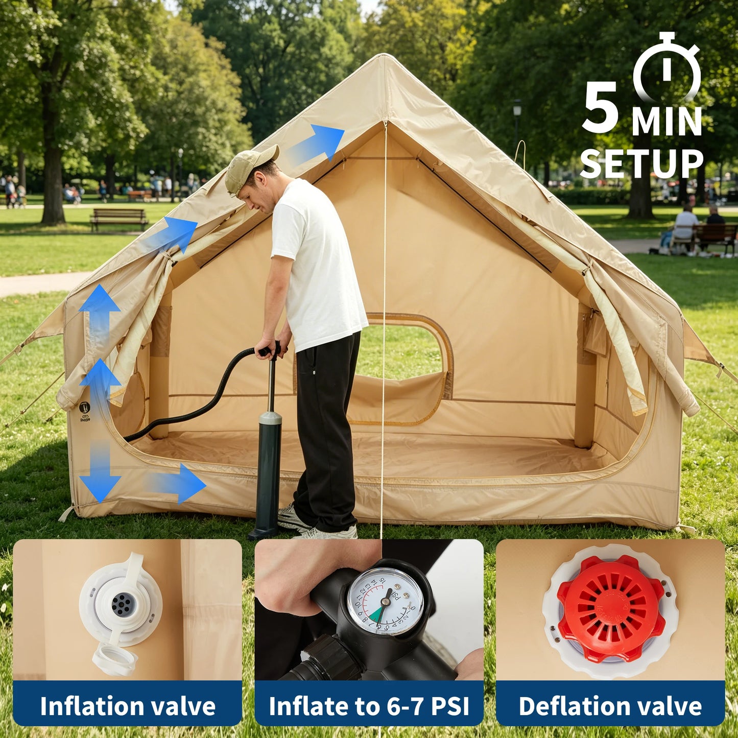 Spacious & Waterproof Inflatable Camping Tent – Family Outdoor Shelter for 6 – Quick Setup, Durable Oxford Fabric, Portable for Hiking & Camping – Size: 6 Square