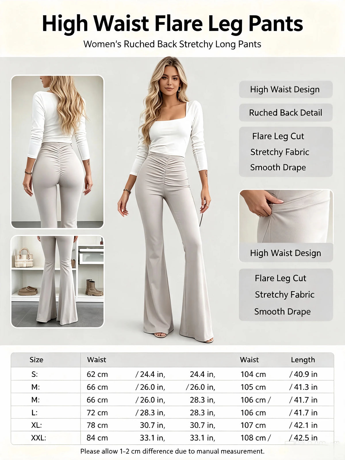 Women's High Waist Flare Leg Pants Ruched Back Stretchy Long Pants Elegant Office Streetwear