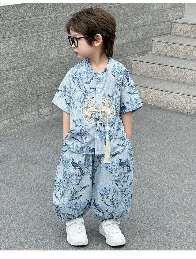 Fashion Baby Tang Costume Tops Pants Two-piece Set Boy Outfit Casual Children's Sets Summer Tweens Boys Hanfu Suit Kids Clothing