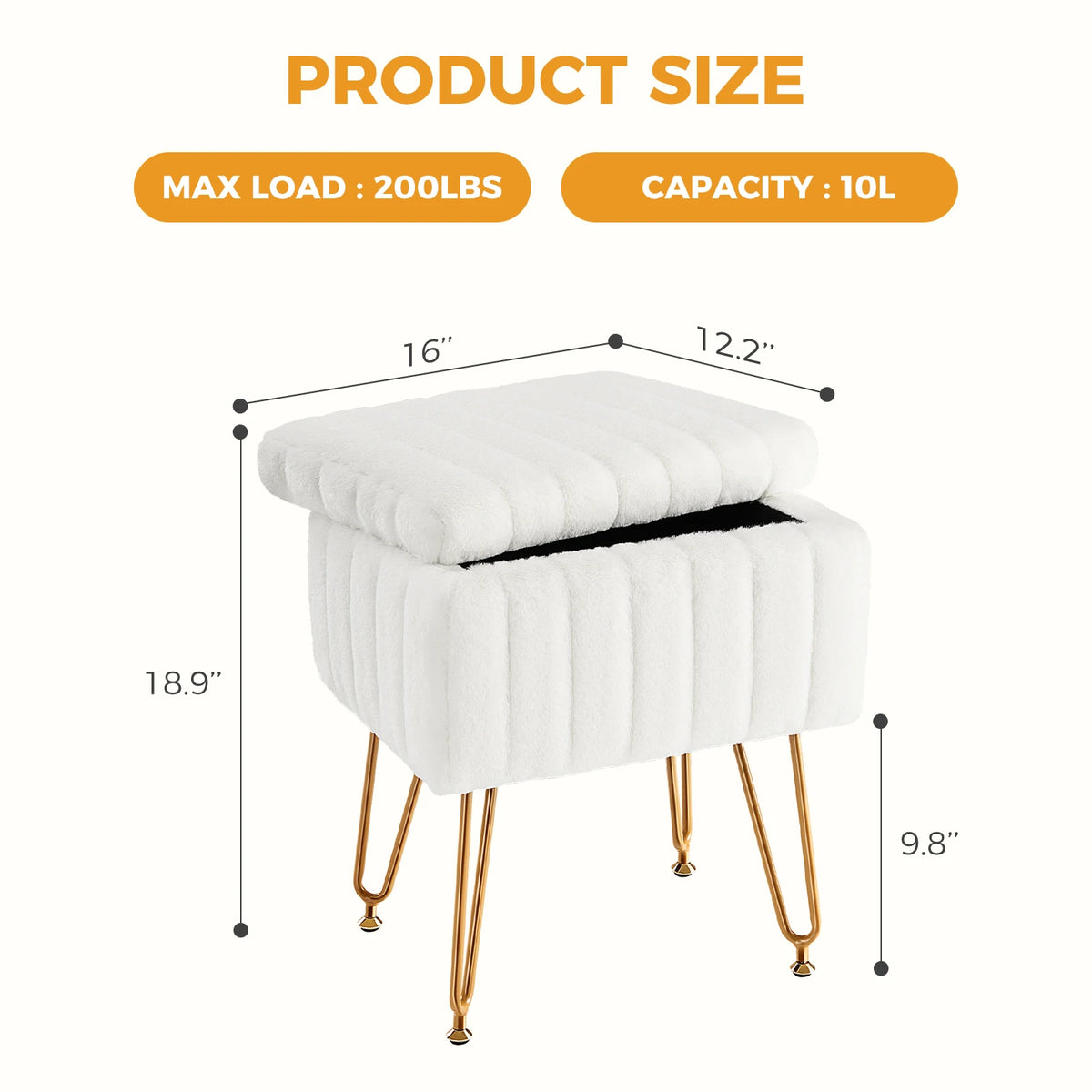 JHK Faux Fur Upholstered Storage Ottoman Metal Legs Padded Seat