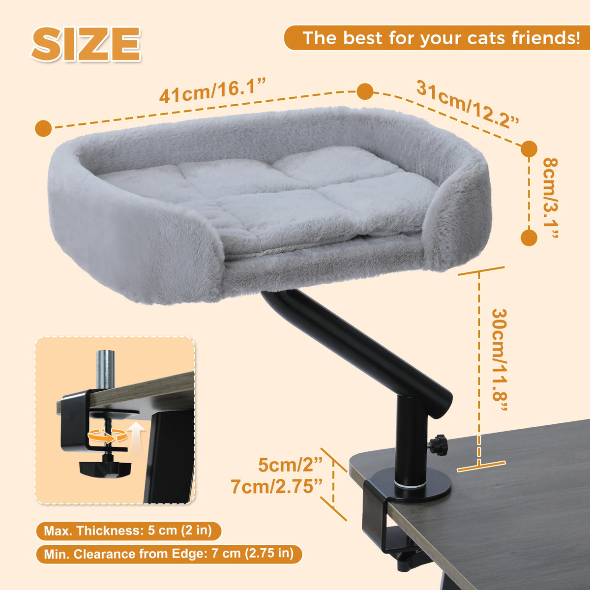 PAWZ Road Adjustable Cat Desk Bed With Plush Hammock