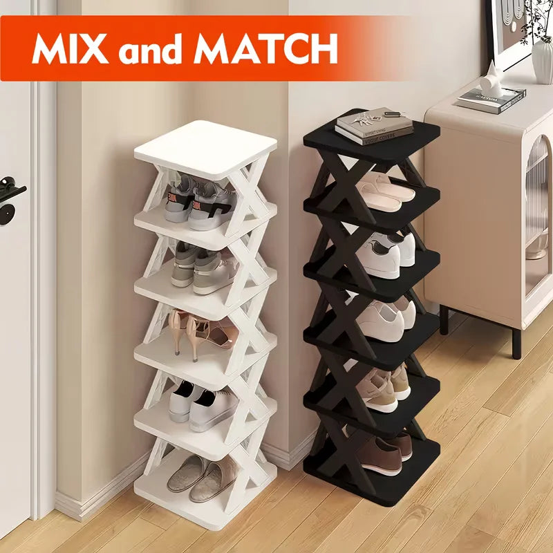 Multi-tier Vertical Shoes Storage Rack 6-9 Layers X-shaped Detachable Plastic Shoe Organizer Lightweight Easy Disassembly Household Space Saving Shoe Shelf Stackable Design Footwear Storage Holder For Indoor Home Bedroom Entr