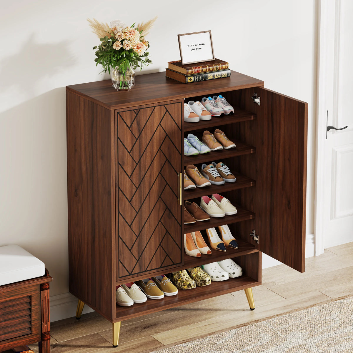 Tribesigns 6 Tier Wooden Shoe Cabinet With Adjustable Shelves
