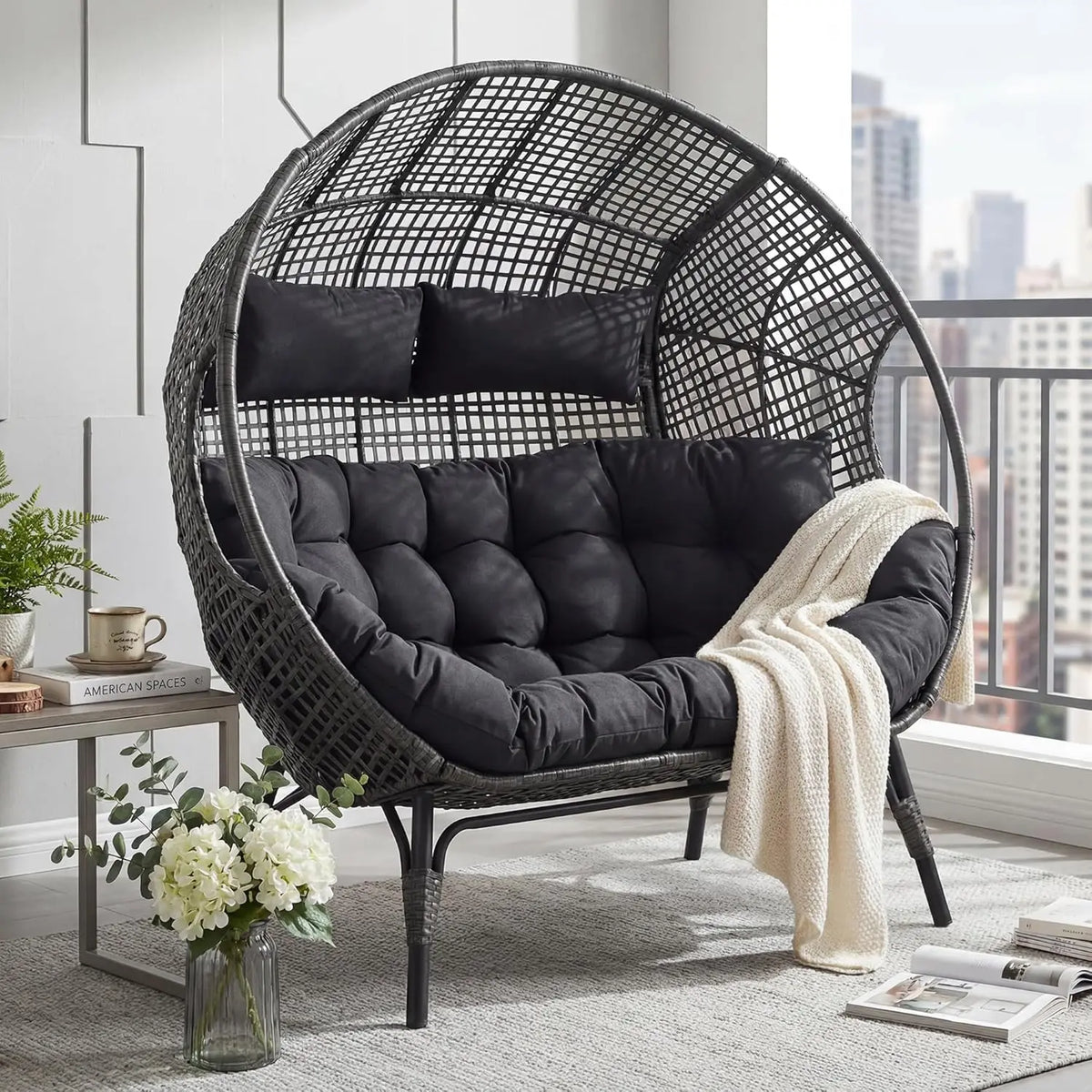 Oversized Double Egg Loveseat 680lb Wicker Rattan Cushioned Patio Balcony Garden Indoor Customized