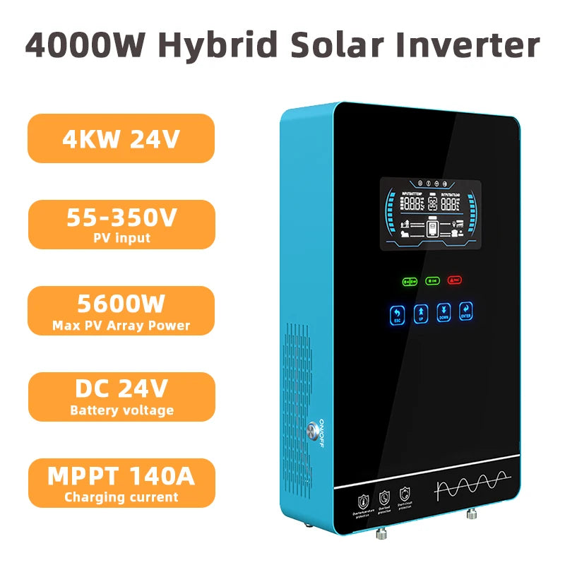 Y&H 4KW Hybrid Solar Inverter 24V 110V Pure Sine Wave Battery-Free Starting Built MPPT 140A Solar Charger Solar System BMS/WiFi
