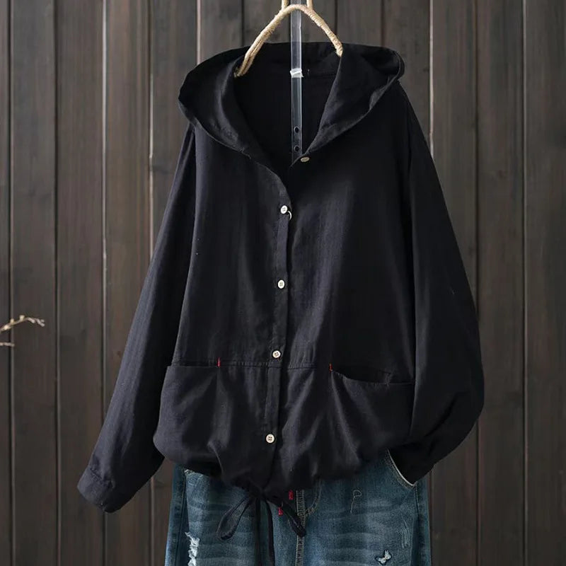 Large size blouses for women hoodies Japan style long sleeve solid shirts cotton hooded tops cardigan plus size women's clothing