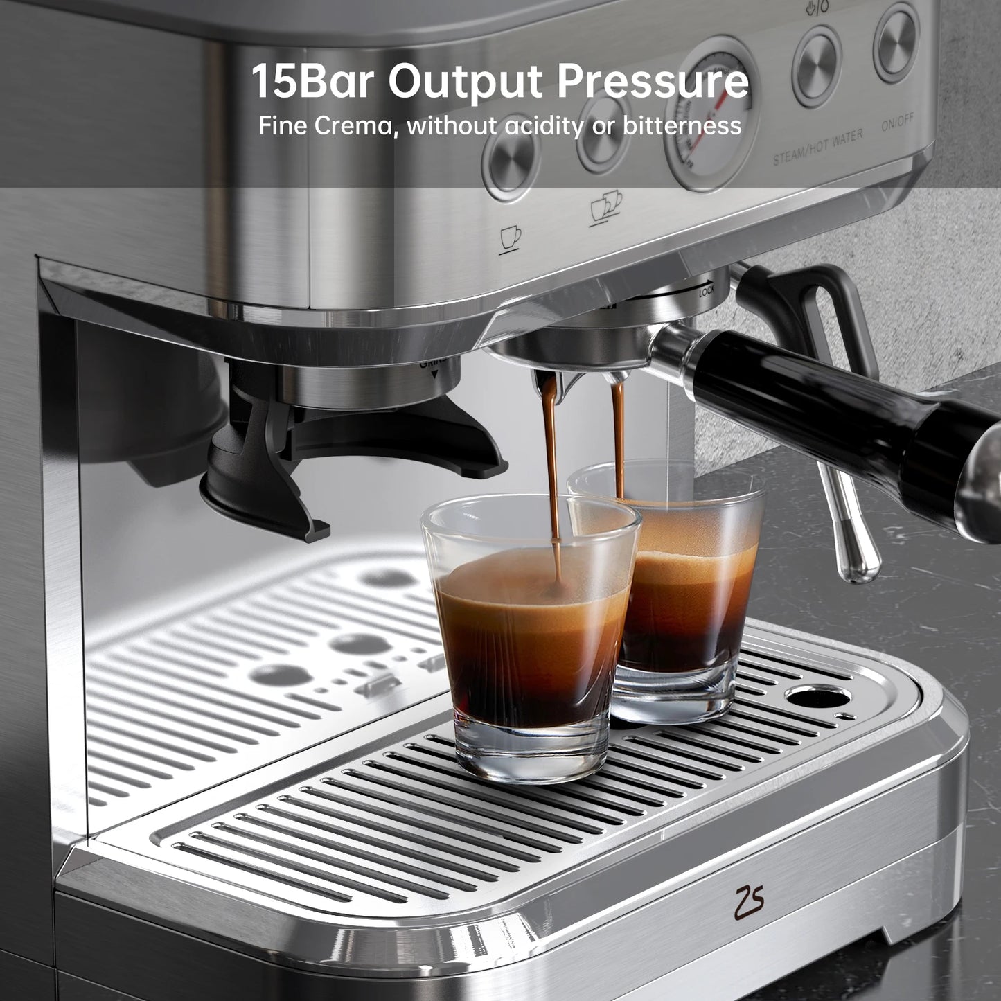 Acekool Espresso Machine With Grinder Stainless Steel 15 Bar Milk Frother