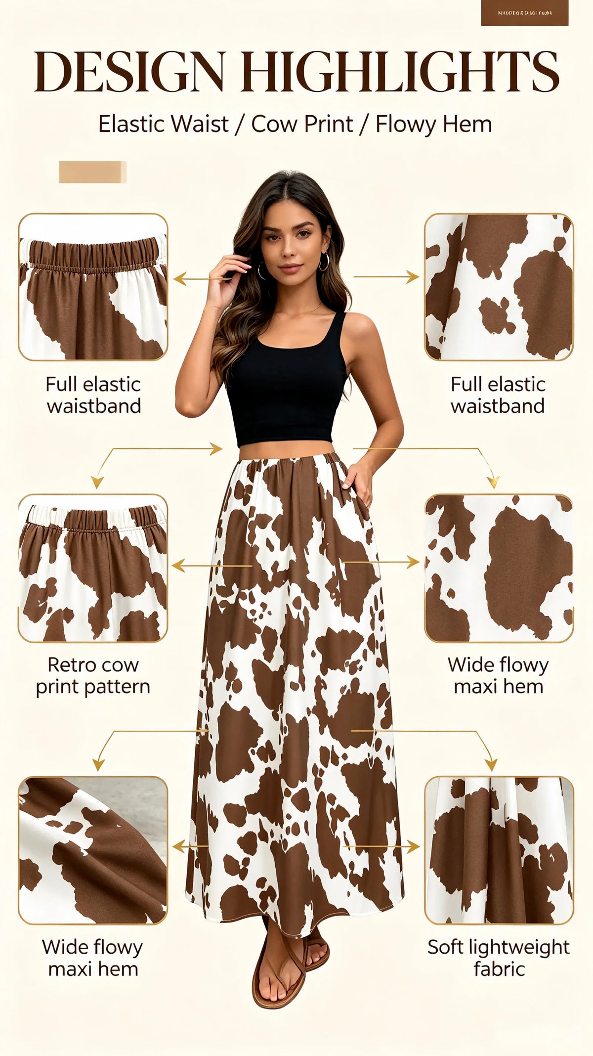 Ladies High-Waist A-Line Skirt with Cow Print Versatile for Daily Commute Vacation Suitable Half-Length Skirt