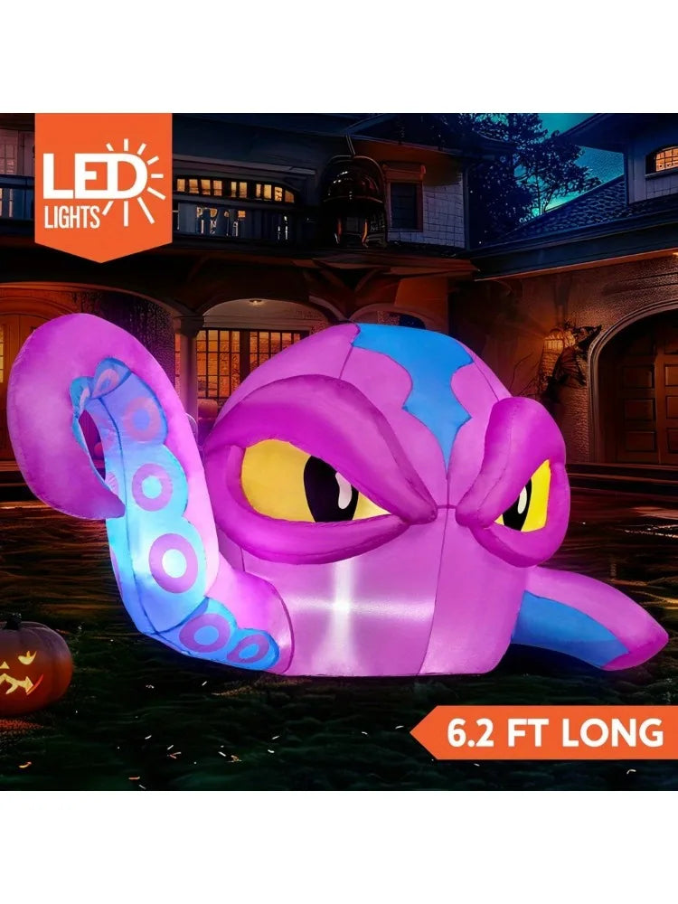 6.2 FT Long Purple Octopus Head Halloween Inflatable with Tentacles Broke Out from Window with Built-in LEDs Blow Up for Halloween Window Decor, Outdoor Yard Garden Lawn Party Decoration