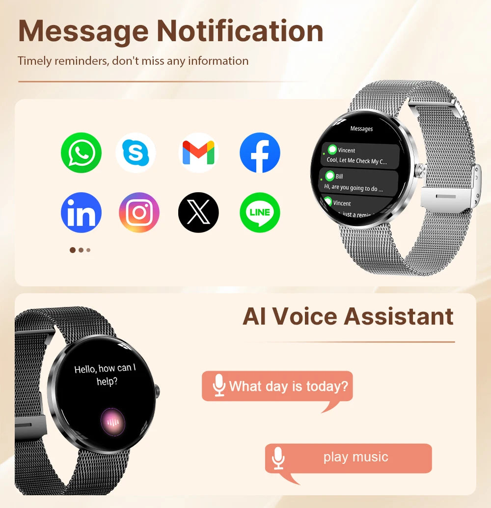 MEVADEN 1.43" AMOLED Screen Women Smart Watch 8.5mm Ultra-thin Stainless Steel Luxury Smartwatch Health Monitor Sport Watch H33