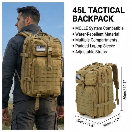 Men 45L Tactical Backpack Molle Bug Out Bag Survival Emergency Water Resistant Outdoor Hiking Camping Travel Rucksack Large Capacity EDC Everyday Carry Commuter Work School Laptop Daypack Trekking Cycling Durable Wear Resista