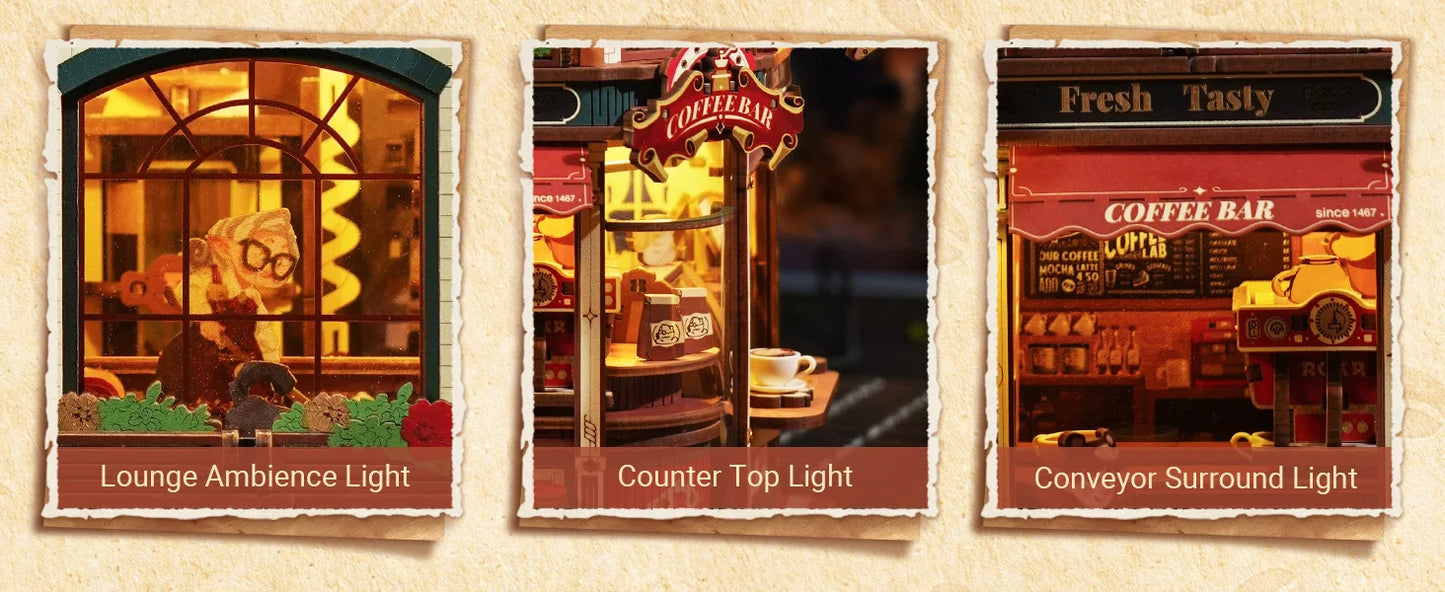 ROKR Wooden 3D Puzzle Dream Coffee Factory Music Box Model Building Kit 593-piece DIY Miniature House Kit with LED Light Unique Home Decor Gift for Adults Women