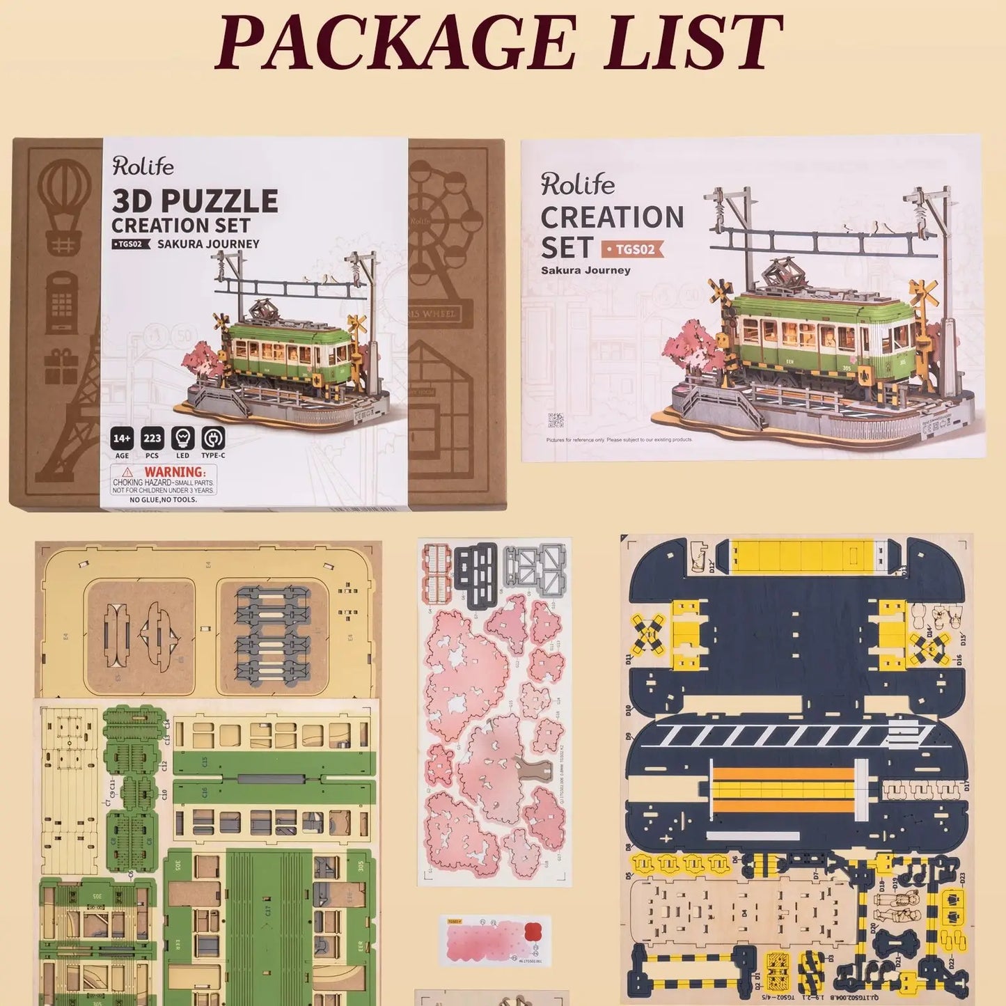 Rolife Wooden 3D Puzzle Sakura Journey Tram DIY Model Building Toy with LED for Bookshelf Home Decor Gifts for Adults Family
