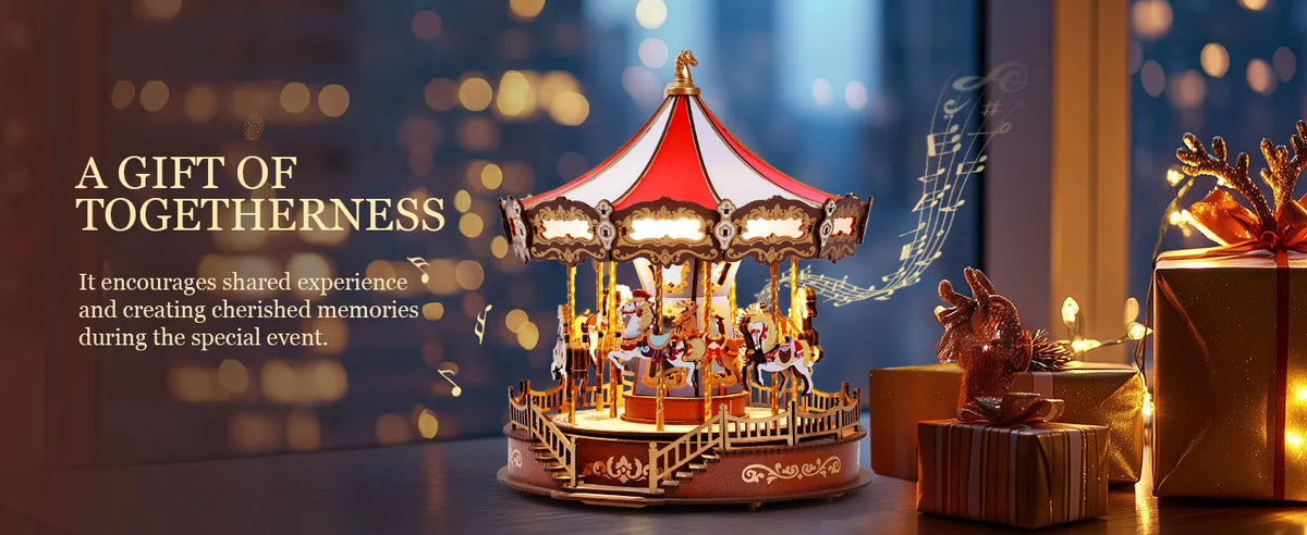 Robotime 3D Wooden Puzzle Carousel Music Box With LED Lights Gear Model Building Construction Craft Kits Xmas Gifts for Adult