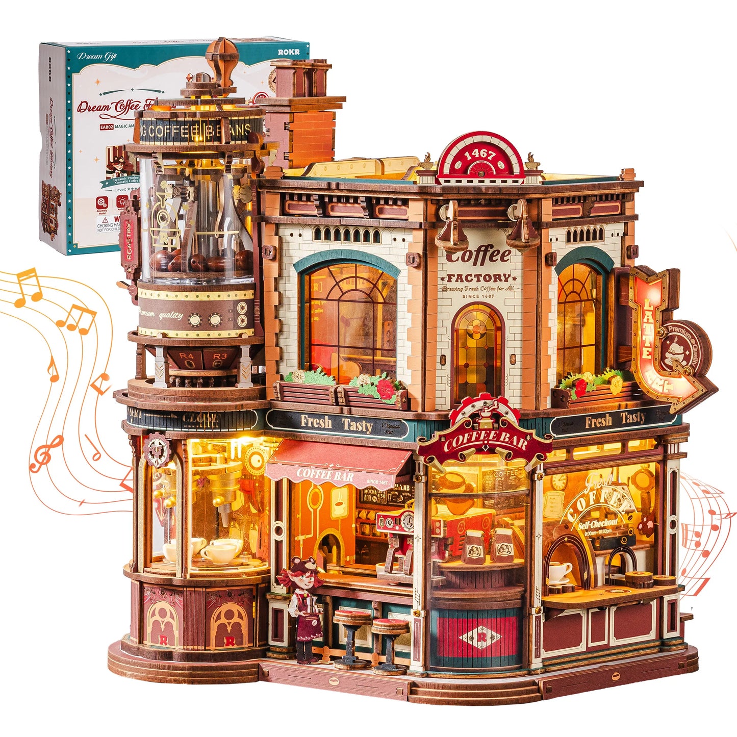 ROKR Wooden 3D Puzzle Dream Coffee Factory Music Box Model Building Kit 593-piece DIY Miniature House Kit with LED Light Unique Home Decor Gift for Adults Women