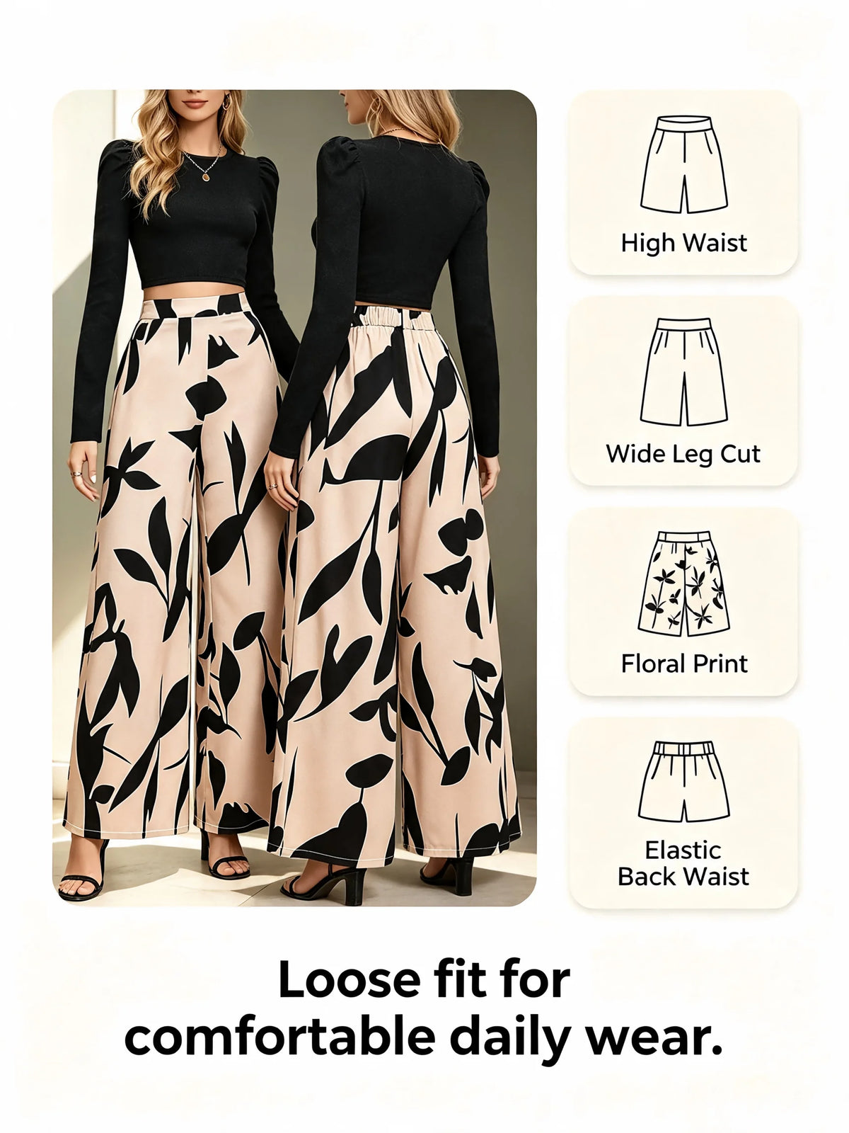 Women's High Waist Floral Print Wide-Leg Pants Loose Casual Long Pants Elegant Office Streetwear