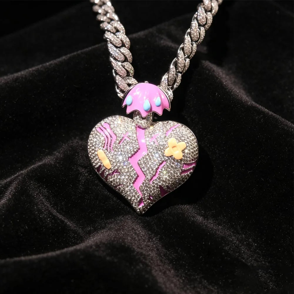 18K Gold Plated Broken Heart Charm Hip Hop Cuban Chain Necklace Iced Out Broken Heart Umbrella Tears Pendant Full Paved CZ For Rapper Street Style Club Party Daily Wear Emotional Statement Accessory Trendy Gift Y2K Sad Healin