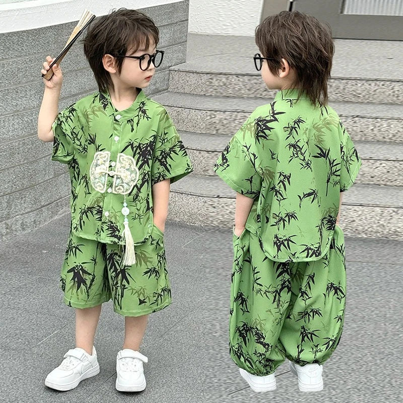 Fashion Baby Tang Costume Tops Pants Two-piece Set Boy Outfit Casual Children's Sets Summer Tweens Boys Hanfu Suit Kids Clothing