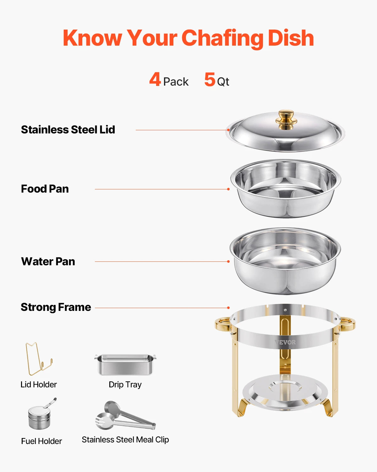 SucceBuy 4 Pack Chafing Dish Buffet Set Stainless Steel Chafer W/4 Full Size Pan Round Catering Warmer Server for Party Banquets