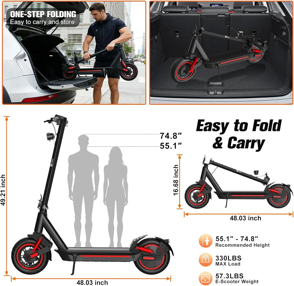 Adult Electric Foldable Scooter 30 MPH Fastest Dual Suspension 1200W Peak Power 33 Miles Long Range 10 Inch Off-Road Tires 48V 15Ah
