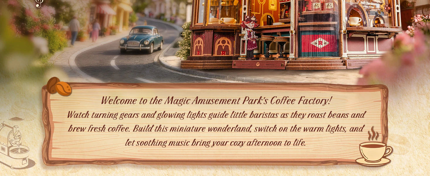 ROKR Wooden 3D Puzzle Dream Coffee Factory Music Box Model Building Kit 593-piece DIY Miniature House Kit with LED Light Unique Home Decor Gift for Adults Women