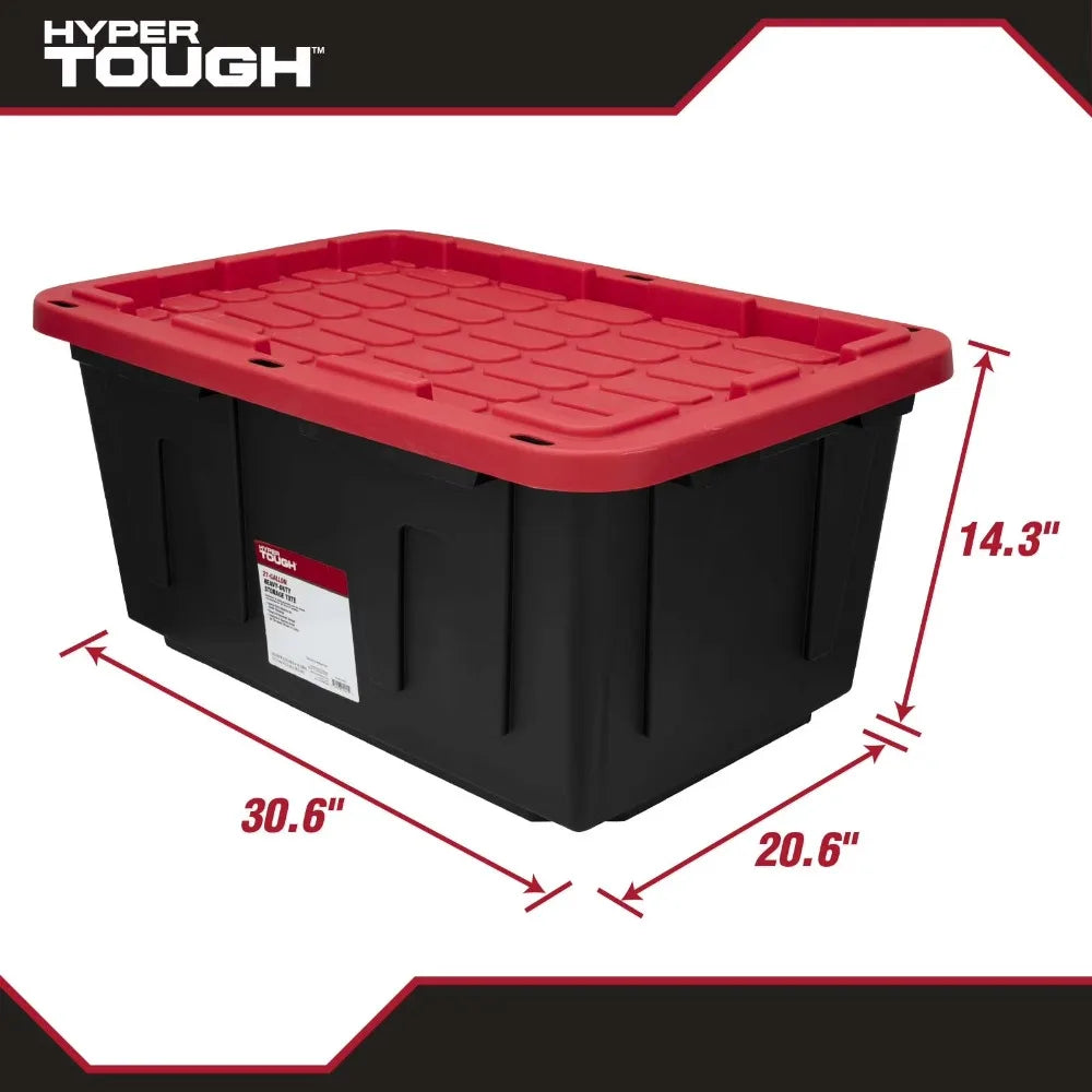 Heavy Duty Large 27 Gallon Plastic Storage Container with Snap Lock Lid Black and Red Tote Bin for Organizing