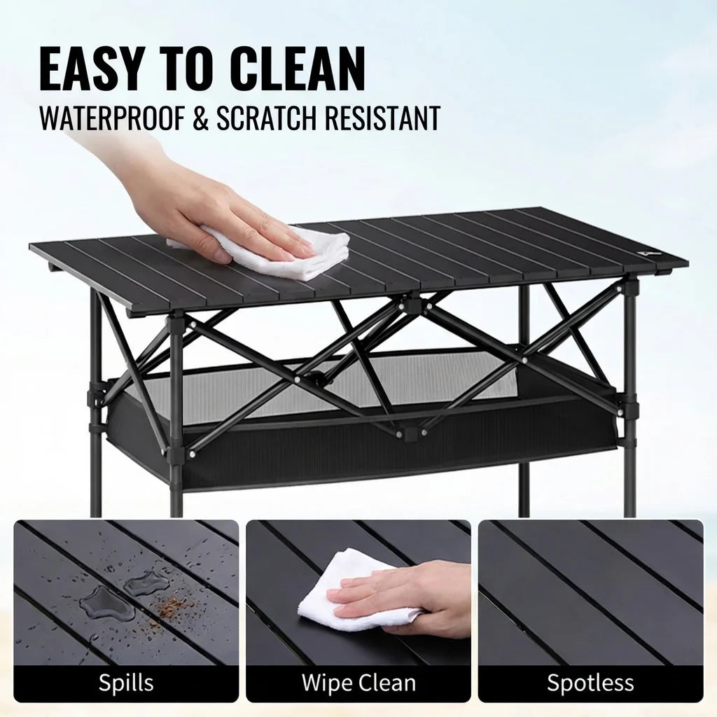 Portable Folding Outdoor Table, 95cm/120cm Lightweight Camping Table with Mesh Storage Shelf, Waterproof Scratch-Resistant Top, Carry Bag Included for Picnic, Beach & RV