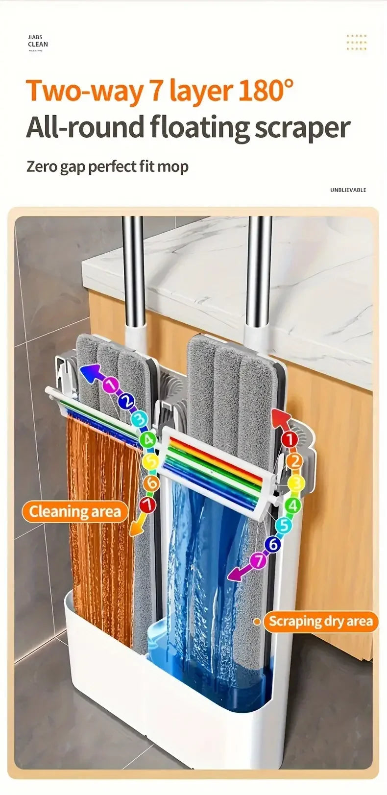 Joybos Ultra-Slim Flat Mop and Bucket System, Hands-Free Wash & Dry Floor Mop Set with 2 Microfiber Pads, 360° Swivel Mop with Squeegee Edge for Hardwood Tile Laminate