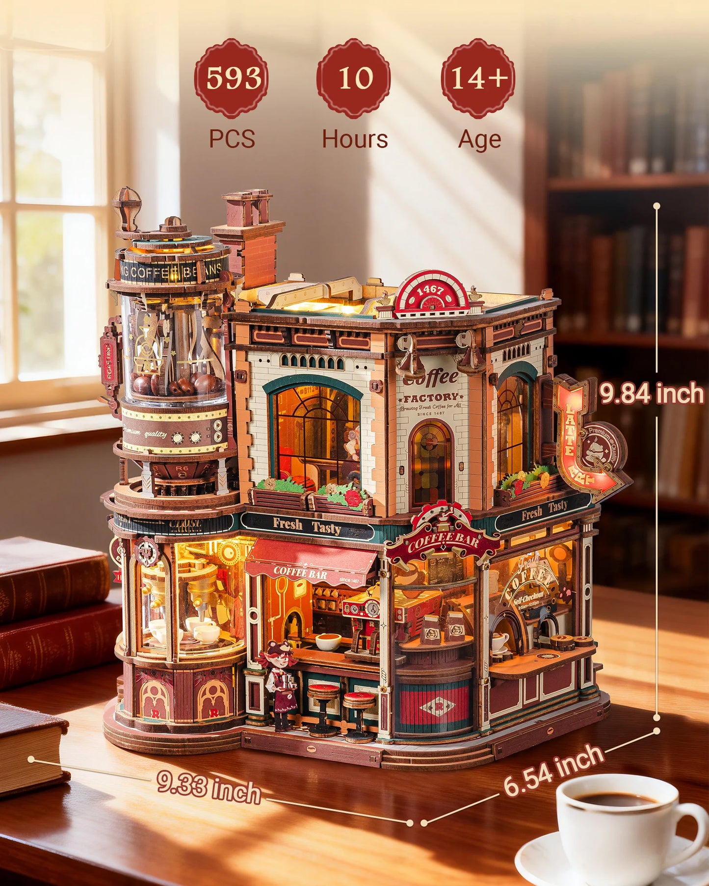 ROKR Wooden 3D Puzzle Dream Coffee Factory Music Box Model Building Kit 593-piece DIY Miniature House Kit with LED Light Unique Home Decor Gift for Adults Women
