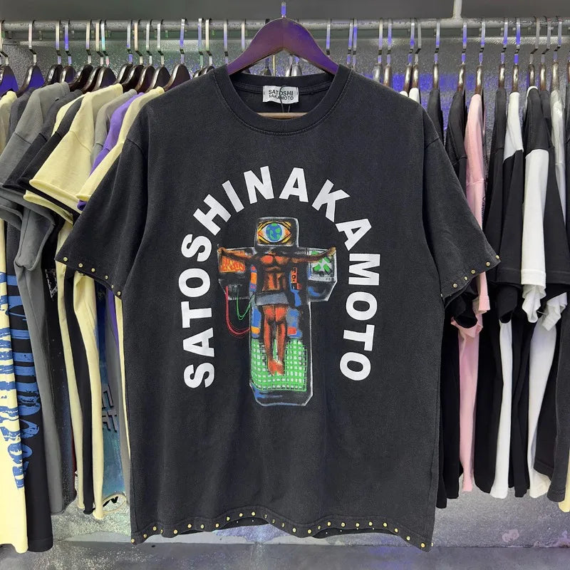 Free shipping New Satoshi Nakamoto fashion T-shirt hotfix rhinestone and Printed with Washed Oversized 100% cotton Men Women T-shirts Y2K Fashion streetwear