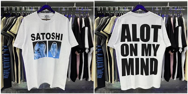 Free shipping New Satoshi Nakamoto fashion T-shirt hotfix rhinestone and Printed with Washed Oversized 100% cotton Men Women T-shirts Y2K Fashion streetwear