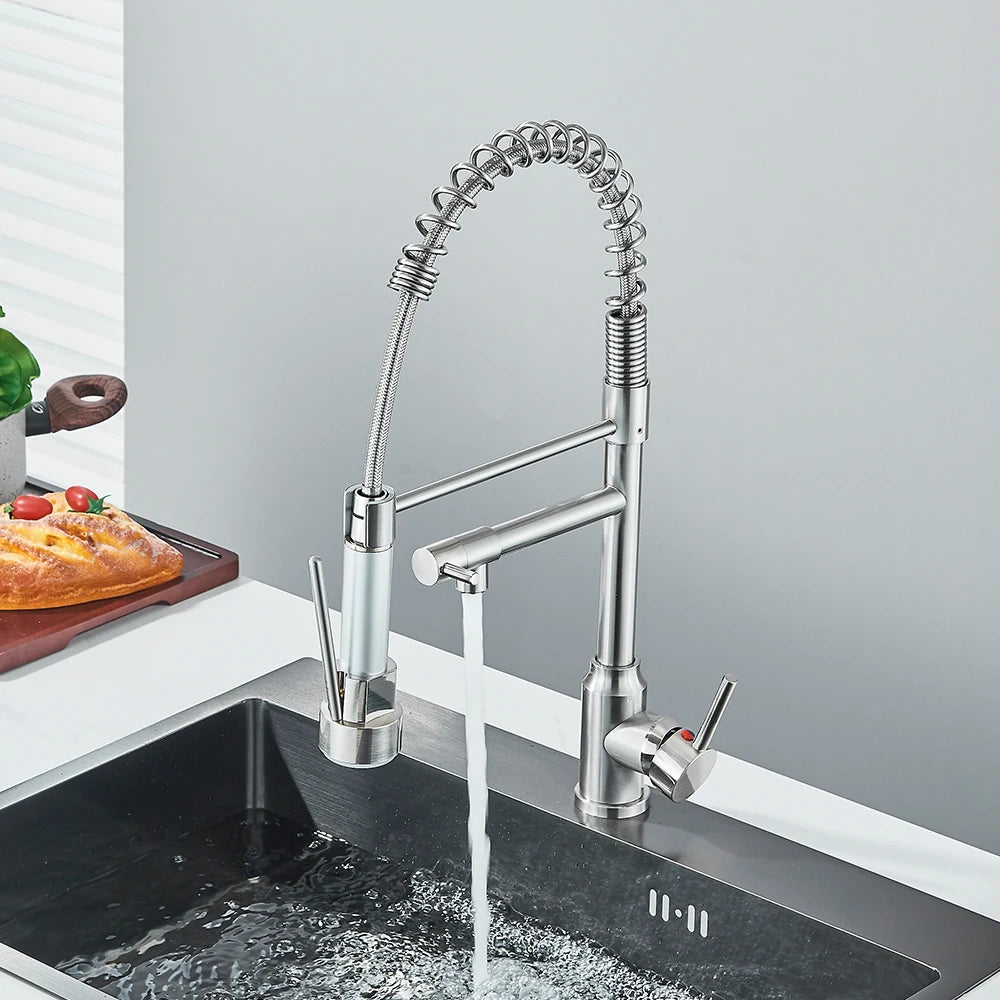 Black Spring Pull Down Stainless Steel Kitchen Sink Faucet Hot Cold Water Mixer Crane Tap with Dual Spout 360° Rotation Faucet