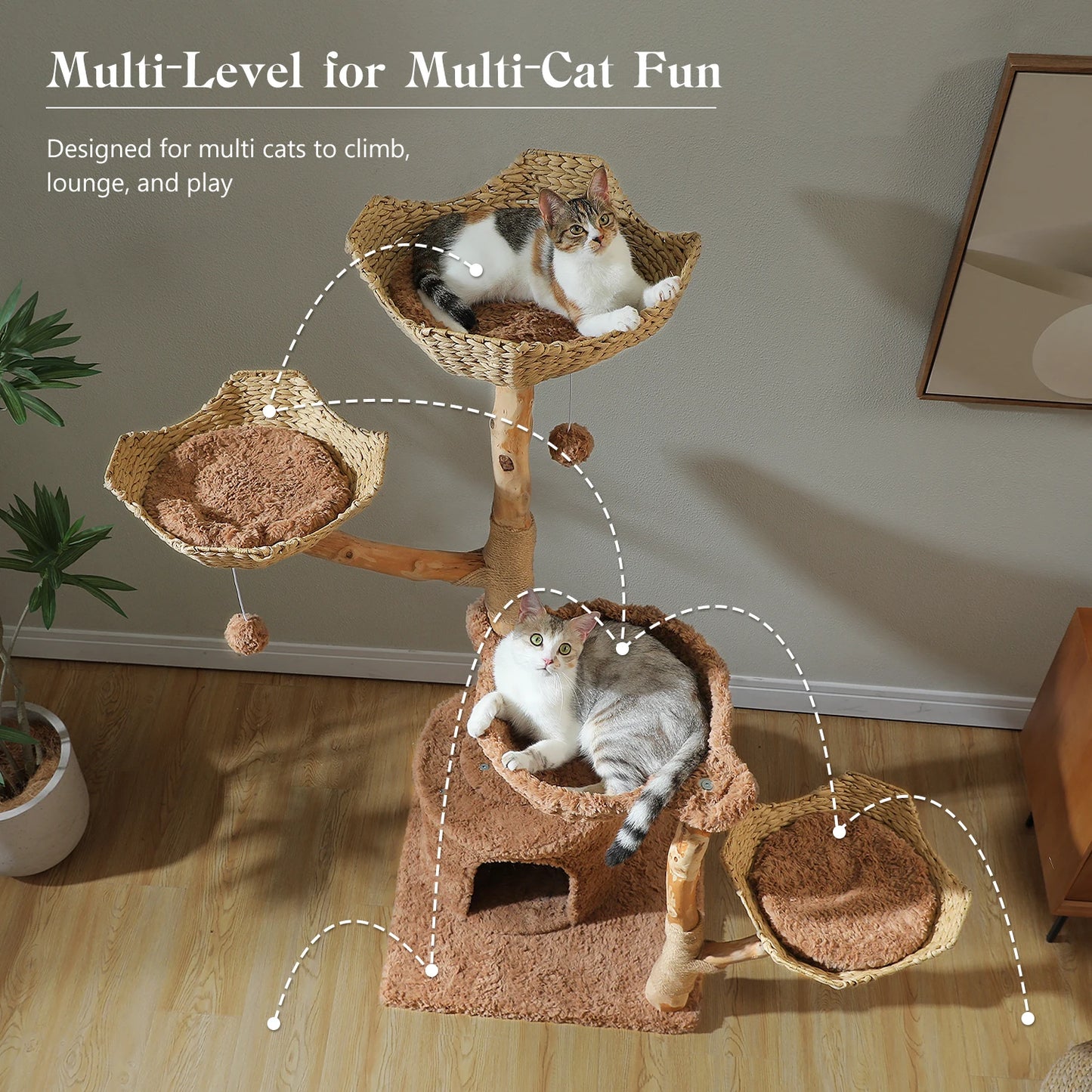 Large Cat Tree Tower with Sisal Scratching Post Wicker Basket Bed Flower Cat Condo Indoor Modern Cat Furniture Cat Accessories