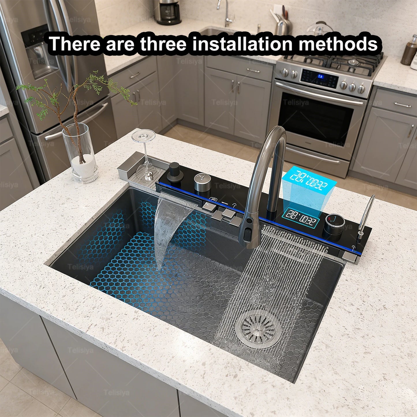Stainless Steel Kitchen Sink Multifunctional Digital Display Waterfall Large Single Slot Ships from the U.S.