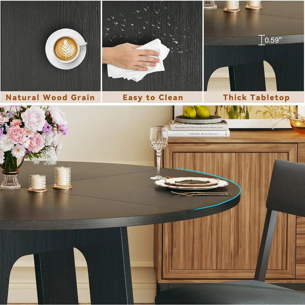 6-7 Piece Dining Set, 47 Round Table with Chairs, Space-Saving Wood Base for Kitchen & Living Room, Black