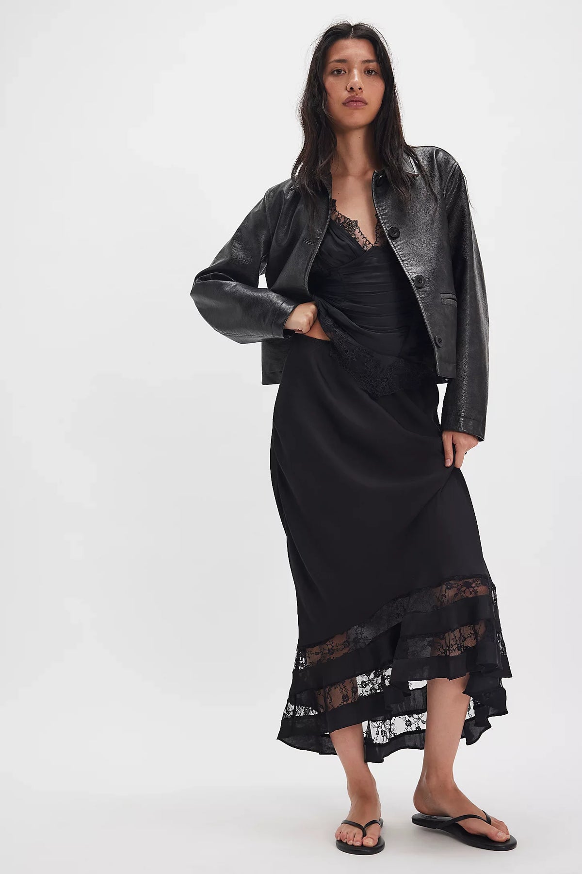 Elegant Satin Ruffle Hem A-Line Long Skirt