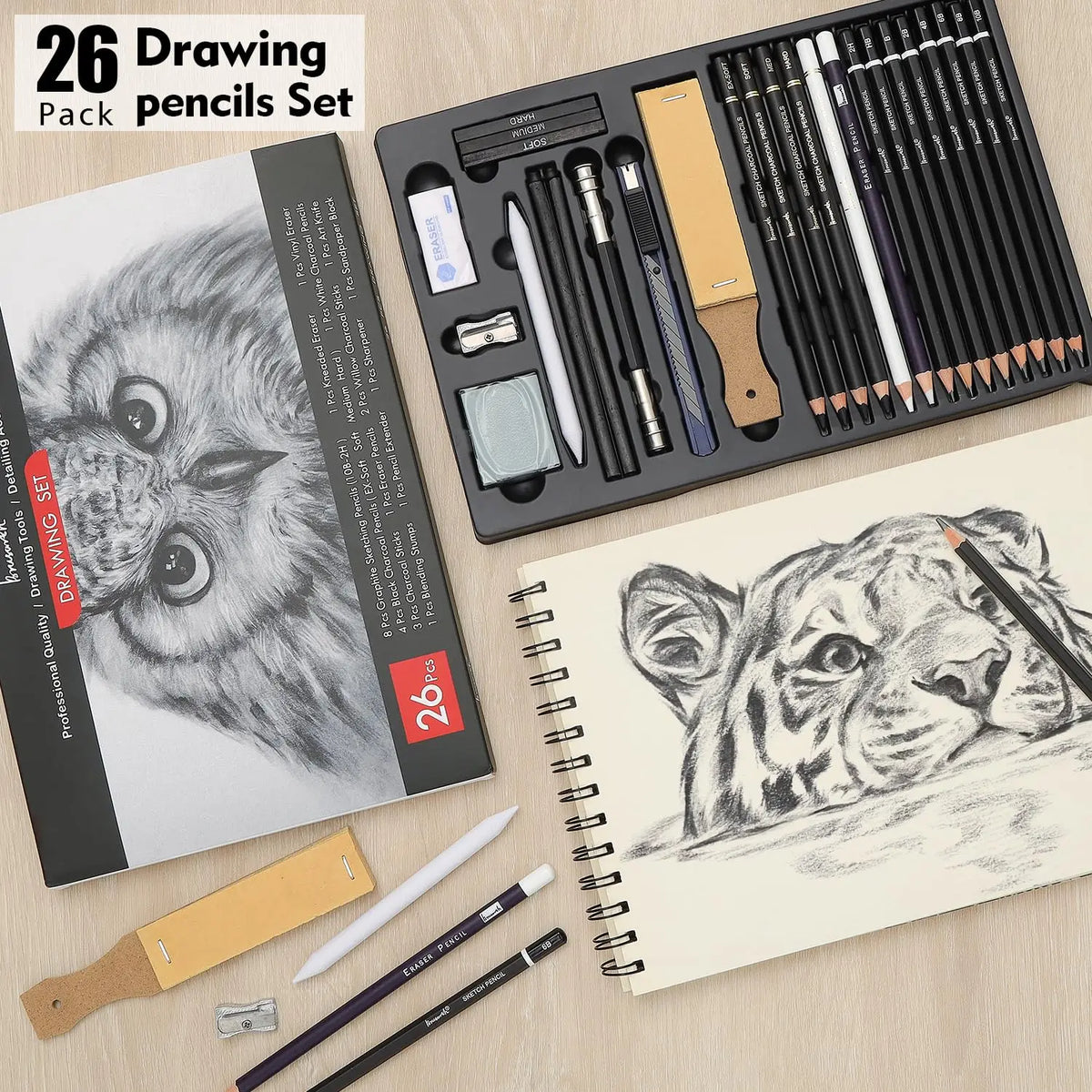 Professional Charcoal Pencils, 26 Pack Sketching Set with Blending, Art Supplies for Drawing Shading, for Adults & Students