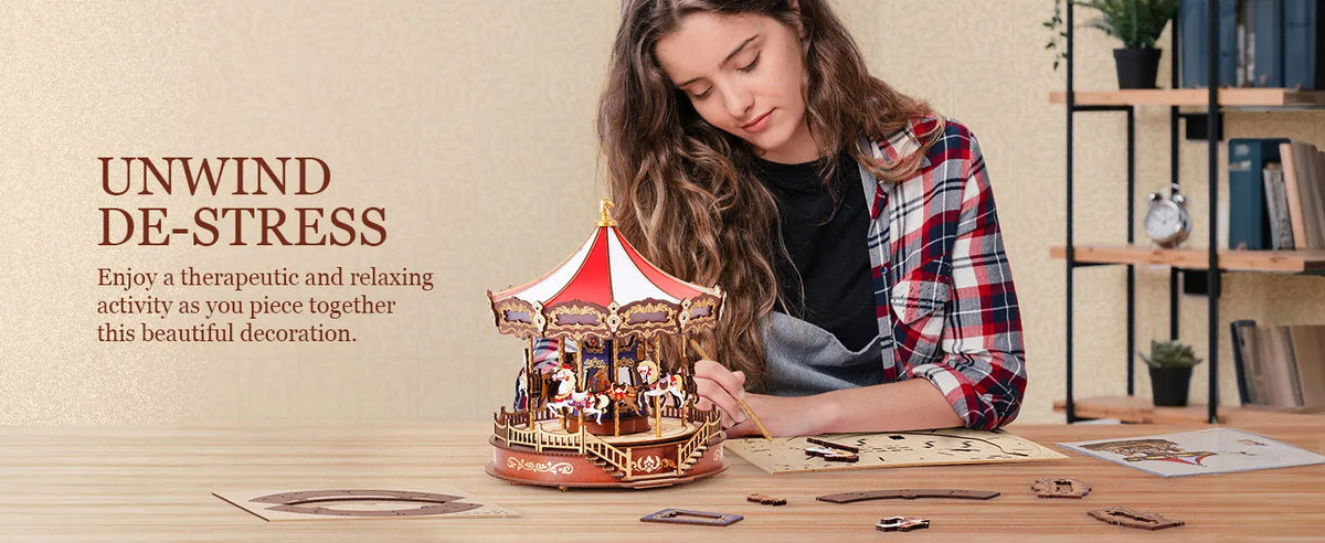 Robotime 3D Wooden Puzzle Carousel Music Box With LED Lights Gear Model Building Construction Craft Kits Xmas Gifts for Adult