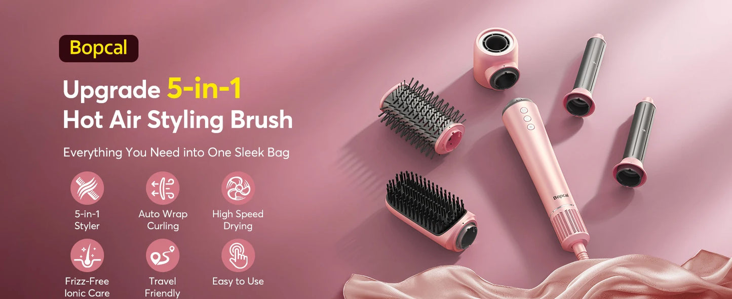 5 in 1 High-Speed Hot Air Styler Frizz-Free Fast Drying No Heat Damage Hair Dryer Curl Volumize Straighten with Travel Bag
