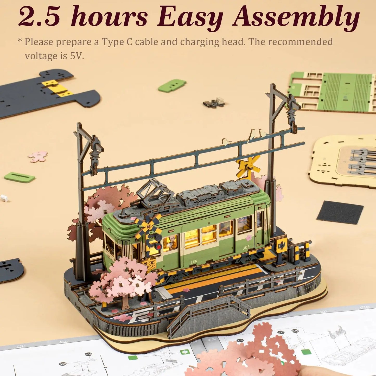 Rolife Wooden 3D Puzzle Sakura Journey Tram DIY Model Building Toy with LED for Bookshelf Home Decor Gifts for Adults Family