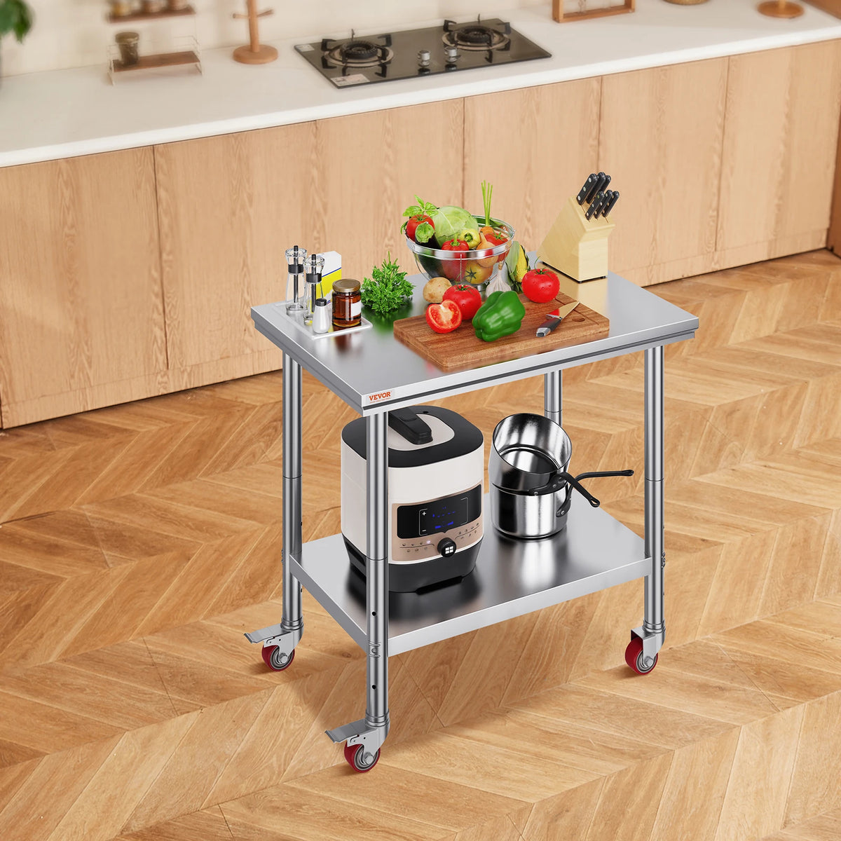 SucceBuy Stainless Steel Kitchen Worktable Shelves Commercial Work Bench Table with Caster Wheels for Home Restaurant Storage