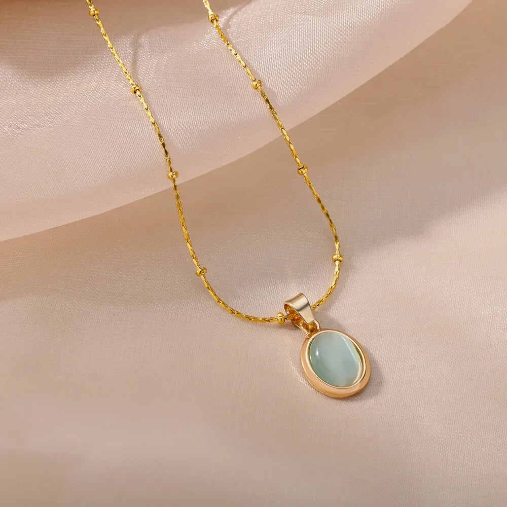Fashion Stone Opal Oval Necklace For Women Stainless Steel Gold Color Oval Stone Pendant Necklace Wedding Aesthetic Jewelry Gift