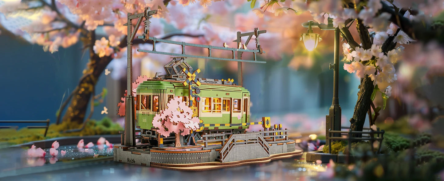 Rolife Wooden 3D Puzzle Sakura Journey Tram DIY Model Building Toy with LED for Bookshelf Home Decor Gifts for Adults Family