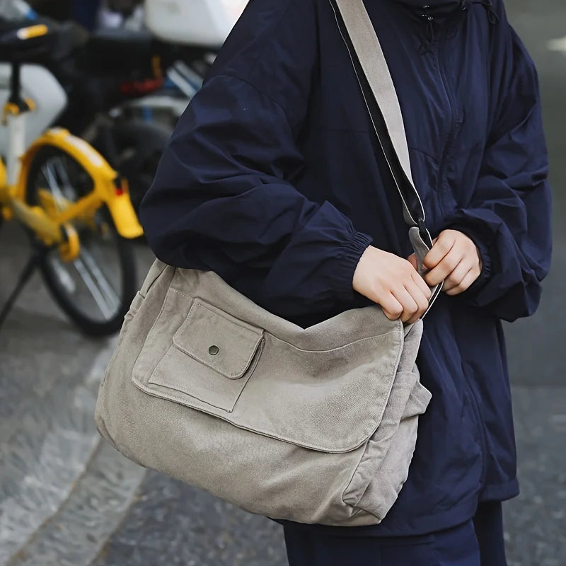 Casual Canvas Messenger Bag Versatile Flip Large Capacity Shoulder Book Bag For Student Adjustable Crossbody Bag For Men Women