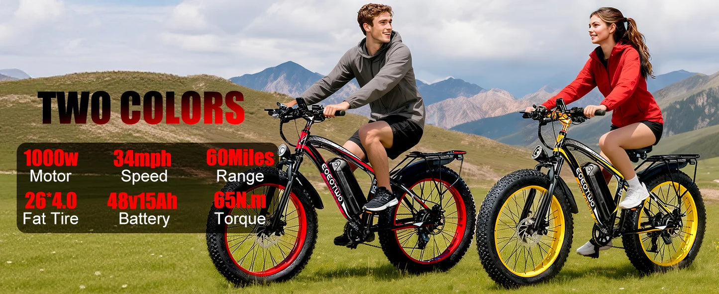 Electric Bike for Adults 1500W Peak Motor 34MPH Fast Speed 48V 15Ah Battery 26" Fat Tire Mountain Ebike 390lbs Max Load Aluminum
